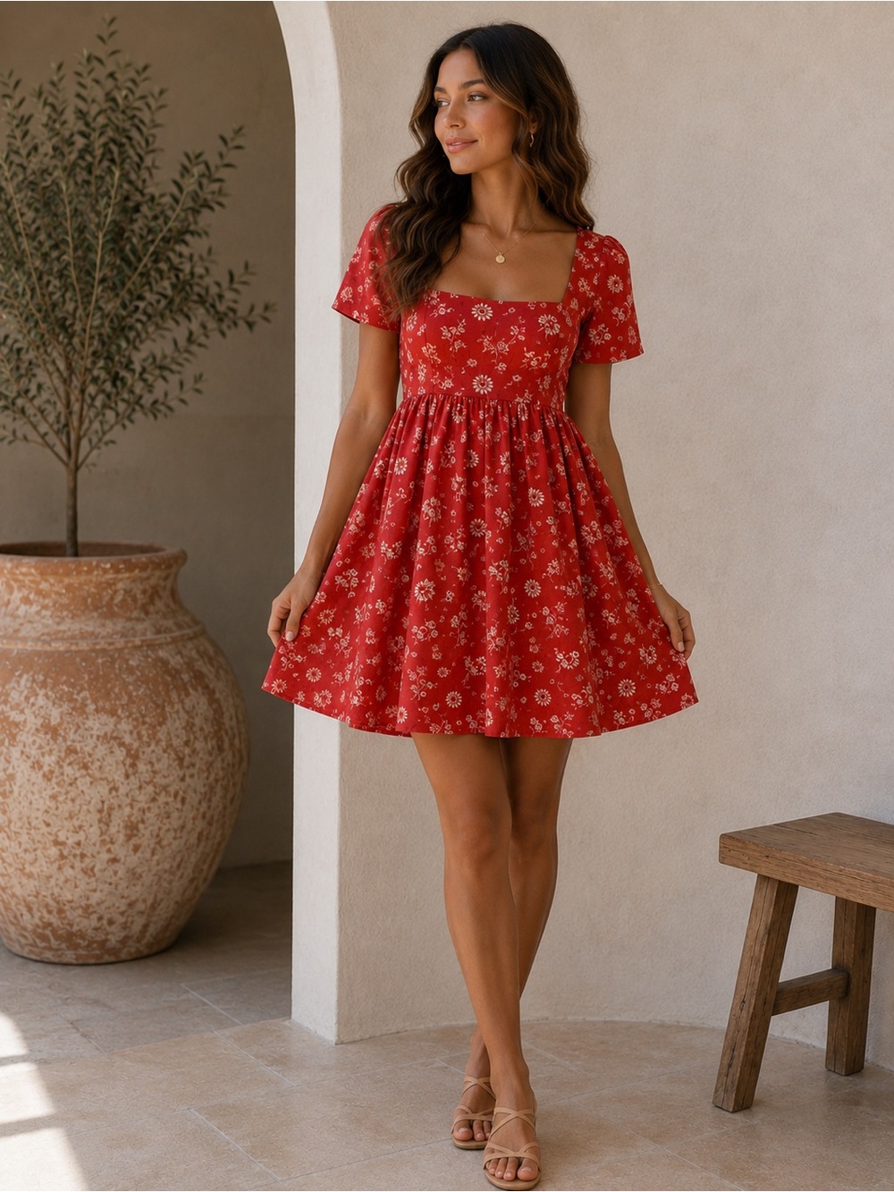 Madewell Red Floral Mini Dress Cottagecore Square Neck‎ Cotton dress XXS